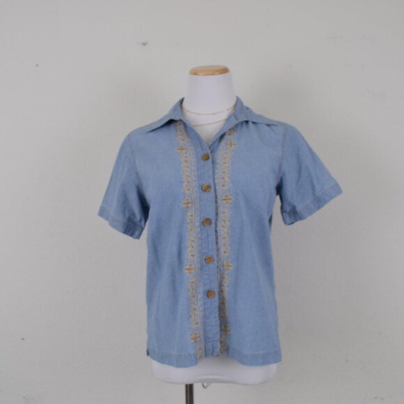 Vintage 90s Blue Embroidered‎ Button Down Blouse - Picture 2 of 8